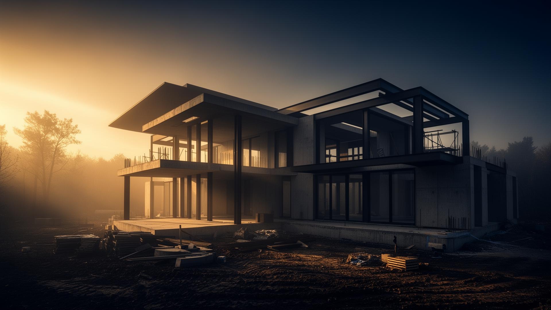 Obra arquitetônica de alto padrão ao entardecer